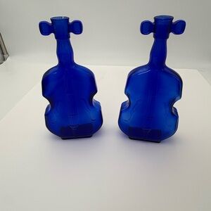 Blue Violin/Cello/Fiddle Shaped Pair of Cobalt Glass Bottles -8”